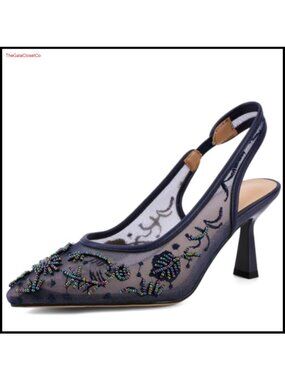 Kitten Heel Sandals Lace Mesh Embroidered Pearl Bridal